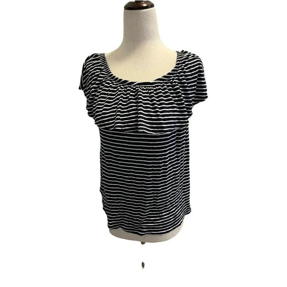 Free Kiss Ruffle Neckline Off the Shoulder Top Women's M Navy White Nautical